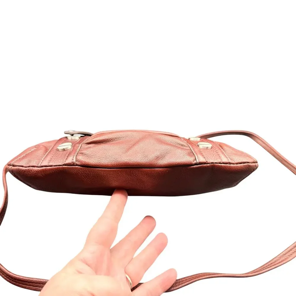 B Makowsky Brown Leather Crossbody Bag Studded Ruched Pocket Purse